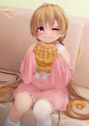 Rule 34 | 1girl, asymmetrical legwear, bare shoulders, blush, closed mouth, commentary request, couch, covered navel, crumbs, detached sleeves, dress, eating, feet out of frame, food, food on face, hair between eyes, hair spread out, highres, holding, holding food, light brown hair, long hair, looking at viewer, low twintails, ne an ito, on couch, one eye closed, pink dress, pink sleeves, purple eyes, single thighhigh, sitting, sleeves past fingers, sleeves past wrists, solo, thick thighs, thighhighs, thighs, tsukuyomi ai, twintails, very long hair, voiceroid