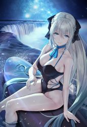 Rule 34 | 1girl, alternate costume, black bow, blue eyes, bow, braid, breasts, choker, cleavage, closed mouth, collarbone, covered navel, fate/grand order, fate (series), french braid, highres, large breasts, light smile, long hair, looking at viewer, morgan le fay (fate), night, ocean, one-piece swimsuit, pale skin, solar (happymonk), solo, sparkle, surfboard, swimsuit, very long hair, water, waterfall
