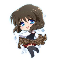 Rule 34 | 1girl, :d, black thighhighs, blue eyes, blush, bob cut, brown hair, brown shawl, chibi, commentary request, from behind, happy, highres, holding shawl, ikeda jun (aquaqua), kanon, long sleeves, looking at viewer, looking back, miniskirt, misaka shiori, open mouth, outstretched arms, plaid, plaid shawl, plaid skirt, red skirt, shawl, short hair, simple background, skirt, smile, snowflakes, solo, standing, sweater, thighhighs, white background, white sweater, zettai ryouiki