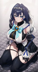 Rule 34 | 1girl, absurdres, black gloves, black skirt, black thighhighs, blue bow, blue bowtie, blue eyes, blue hair, blush, bow, bow hairband, bowtie, breasts, chain, chain headband, closed mouth, detached sleeves, gloves, hair between eyes, hair intakes, hairband, head chain, highres, hololive, hololive english, jewelry, juliet sleeves, large breasts, long hair, long sleeves, medium hair, ouro kronii, puffy sleeves, seiza, shirt, sitting, skirt, sleeveless, sleeveless shirt, sleeves past wrists, solo, stoll (tmxhf), thick thighs, thighhighs, thighs, turtleneck, virtual youtuber, white shirt
