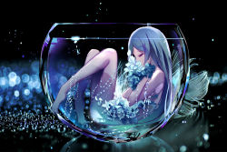 Rule 34 | 1girl, absurdres, barefoot, black background, blue flower, blue hair, closed eyes, commentary request, cup, drinking glass, eien no juu nana-sai, flower, from side, hair between eyes, hands up, highres, knees up, long hair, nude, original, partially submerged, profile, solo, transparent, very long hair, water
