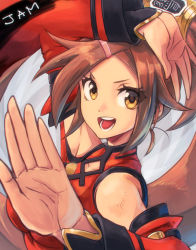 Rule 34 | 1girl, 966, brown eyes, brown hair, china dress, chinese clothes, dress, eyelashes, fighting stance, guilty gear, guilty gear xrd, hair ornament, hairclip, highres, kuradoberi jam, looking at viewer, open mouth, solo focus