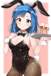 Rule 34 | 1girl, animal ears, bad id, bad twitter id, balloom 17, black bow, black bowtie, black leotard, black pantyhose, blue hair, blush, bow, bowtie, breasts, cleavage, closed mouth, collar, commentary, cup, detached collar, drinking glass, fake animal ears, frown, hand on own chest, holding, holding tray, idolmaster, idolmaster million live!, leotard, looking at viewer, medium breasts, medium hair, nanao yuriko, pantyhose, playboy bunny, rabbit ears, rabbit tail, solo, standing, strapless, strapless leotard, tail, thighs, tray, white collar, wine glass, wing collar, wrist cuffs, yellow eyes
