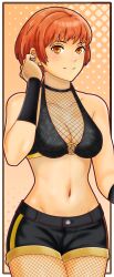 Rule 34 | 1girl, absurdres, bare arms, bare shoulders, border, breasts, brown border, cleavage, commentary, cowboy shot, crop top, dinjo, earrings, english commentary, fire emblem, fire emblem: three houses, fire emblem warriors: three hopes, fishnet pantyhose, fishnets, groin, hand up, highres, jewelry, large breasts, leonie pinelli, looking at viewer, midriff, navel, nintendo, o-ring, o-ring top, official alternate hairstyle, orange background, orange eyes, orange hair, outside border, pantyhose, short hair, smile, solo, sports bra, standing, stomach, thighs