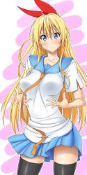 Rule 34 | 1girl, arched back, black thighhighs, blonde hair, blue eyes, blue skirt, breasts, collarbone, commentary request, cowboy shot, eyelashes, frown, gegera, highres, kirisaki chitoge, large breasts, long hair, looking at viewer, miniskirt, necktie, nisekoi, open hands, pleated skirt, red ribbon, ribbon, school uniform, serafuku, shiny clothes, shiny skin, short sleeves, sidelocks, skindentation, skirt, solo, thighhighs