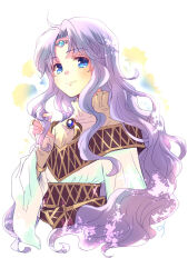 Rule 34 | 1girl, blue eyes, brooch, curly hair, deirdre (fire emblem), fire emblem, fire emblem: genealogy of the holy war, harushino, jewelry, long hair, looking at viewer, nintendo, playing with own hair, portrait, purple hair, ring, sidelocks, smile, solo, tiara