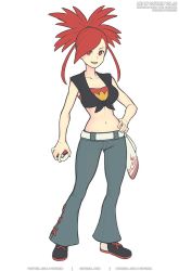 Rule 34 | 1girl, bandeau, breasts, creatures (company), crop top, denim, flannery (pokemon), full body, game freak, gofelem, holding, jeans, long hair, looking at viewer, midriff, navel, nintendo, open mouth, pants, pokemon, pokemon rse, red bandeau, red eyes, red hair, simple background, smile, solo, white background