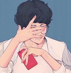 Rule 34 | 1boy, black hair, blue background, covering face, elliemaplefox, glasses, holding, holding phone, long sleeves, original, parted lips, phone, shadow, shirt, short hair, simple background, solo, white shirt