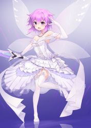 Rule 34 | 1girl, :d, absurdres, bare shoulders, blush, bracelet, breasts, bride, choujigen game neptune, dress, elbow gloves, flan ling, garter straps, gloves, highres, jewelry, necklace, neptune (neptunia), neptune (series), open mouth, power symbol, power symbol-shaped pupils, purple eyes, purple hair, small breasts, smile, solo, sword, symbol-shaped pupils, thighhighs, weapon, wedding dress, white dress, white gloves, white thighhighs, wings