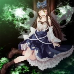 Rule 34 | 1girl, bad id, bad pixiv id, boots, bow, brown hair, camisole, cross-laced footwear, female focus, hair bow, lace-up boots, long hair, one eye closed, open mouth, solo, star sapphire, tears, torn clothes, torn wings, touhou, tsukishiro saika, wings, wink, yellow eyes