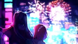 Rule 34 | 2girls, absurdres, arm up, black hair, city lights, dated, dorothy haze, facing ahead, facing another, fireworks, from behind, fur-trimmed jacket, fur trim, highres, jacket, jill stingray, long hair, multiple girls, night, outdoors, red hair, red jacket, rnna, shirt, short hair, side-by-side, signature, twintails, upper body, va-11 hall-a, white shirt