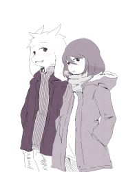 Rule 34 | 1boy, alternate costume, androgynous, asriel dreemurr, blush, breath, caribun, coat, cowboy shot, frisk (undertale), fur trim, furry, greyscale, hands in pockets, head tilt, hood, hoodie, horns, jacket, looking at viewer, monochrome, monster boy, aged up, open clothes, open jacket, open mouth, pants, pleated skirt, scarf, short hair, simple background, skirt, spoilers, striped, sweater, undertale, vertical stripes, alternate universe, white background, winter clothes, winter coat
