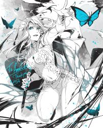 Rule 34 | 1girl, belt, blue butterfly, blue eyes, blue nails, breasts, bug, butterfly, cape, cleavage, commentary, commission, english commentary, floating hair, highres, indie virtual youtuber, insect, long hair, looking up, merry (secilhodoshima), monarch (amalee), monochrome, nail polish, navel, pants, second-party source, skeb commission, solo, spot color, virtual youtuber