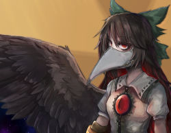 Rule 34 | 1girl, arm cannon, bird mask, bird wings, black hair, black wings, blouse, bow, breasts, buttons, cape, collared shirt, commentary request, control rod, glowing, green bow, hair between eyes, hair bow, long hair, looking at viewer, mask, medium breasts, multicolored hair, plague doctor mask, puffy short sleeves, puffy sleeves, red eyes, red hair, reiuji utsuho, ripper03191, shirt, short sleeves, sky, solo, star (sky), starry sky, stitches, third eye, touhou, two-tone hair, upper body, weapon, white shirt, wings