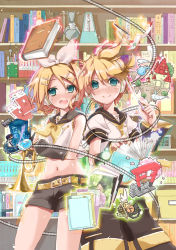 Rule 34 | &gt;:), 1boy, 1girl, :d, arm warmers, bare shoulders, blonde hair, blue eyes, book, brother and sister, hair ornament, hair ribbon, hairclip, headset, hekicha, kagamine len, kagamine rin, navel, necktie, open mouth, ribbon, sailor collar, short hair, shorts, siblings, smile, torii, treble clef, twins, v-shaped eyebrows, vocaloid
