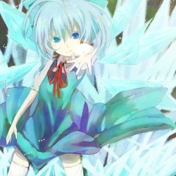 Rule 34 | 1girl, bad id, bad pixiv id, blue eyes, blue hair, cirno, crystal, dress, eryngii yoko, female focus, ice, matching hair/eyes, outstretched arm, outstretched hand, reaching, ribbon, short hair, solo, thighhighs, touhou, wings