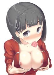 Rule 34 | 10s, 1girl, black hair, blush, breast hold, breasts, condom, condom in mouth, condom wrapper, grey eyes, hair ornament, hairclip, jacket, kirigaya suguha, large breasts, mouth hold, nipples, no bra, open clothes, open jacket, short hair, simple background, solo, sword art online, track jacket, uhyoko, white background