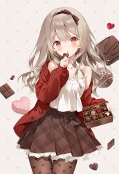 Rule 34 | 1girl, bare shoulders, black hairband, box, box of chocolates, brown pantyhose, brown skirt, candy, chestnut mouth, chocolate, chocolate heart, commentary, food, hairband, hand up, heart, heart-shaped box, heart print, highres, holding, holding box, holding chocolate, holding food, jacket, light brown hair, long hair, looking at viewer, off shoulder, open clothes, open jacket, original, pantyhose, parted lips, red eyes, red jacket, skirt, solo, standing, striped clothes, striped skirt, symbol-only commentary, weri