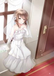 Rule 34 | 1girl, bare shoulders, bow, bridal veil, brown eyes, brown hair, collarbone, commentary request, day, dress, elbow gloves, gloves, hair between eyes, hair bow, hand up, heart, heart necklace, highres, indoors, jewelry, kantai collection, mashiro aa, necklace, open door, ring, see-through, sitting, solo, strapless, strapless dress, sunlight, taihou (kancolle), veil, wedding band, wedding dress, white bow, white dress, white gloves, window