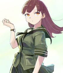 Rule 34 | 1girl, black neckwear, breasts, brown hair, closed mouth, commentary request, green sarong, green skirt, highres, kantai collection, long hair, medium breasts, mizoki kei, ooi (kancolle), orange eyes, sailor collar, sarong, school uniform, serafuku, simple background, skirt, solo, upper body, watch, wristwatch