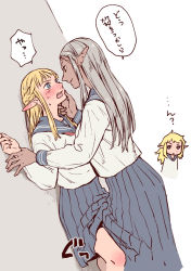 Rule 34 | 3girls, against wall, assertive female, between legs, blonde hair, blue eyes, blush, braid, chibi, cithis, contemporary, dark-skinned female, dark skin, dungeon meshi, ear blush, elf, eye contact, face-to-face, fleki, grabbing another&#039;s chin, grey hair, half updo, hand on another&#039;s chin, highres, holding another&#039;s wrist, jack (haist), kabedon, long hair, long skirt, long sleeves, looking at another, multiple girls, nose blush, notched ear, pattadol, pleated skirt, pointy ears, school uniform, serafuku, skirt, smirk, sweat, translation request, yuri