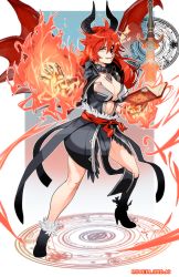 Rule 34 | airomed, borrowed character, breasts, fire, highres, horns, large breasts, magic, magic circle, overlord jc, red hair, solo, wings, yellow eyes