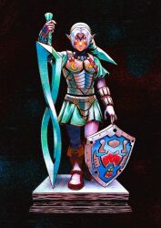 1boy armor black_background fierce_deity full_body hat holding holding_shield holding_sword holding_weapon link mochiwei nintendo shield solo standing sword the_legend_of_zelda the_legend_of_zelda:_majora&#039;s_mask tunic weapon