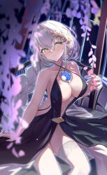 Rule 34 | 1girl, absurdres, asymmetrical legwear, backless dress, backless outfit, black dress, blush, breasts, cleavage, criss-cross halter, dress, girls&#039; frontline, girls&#039; frontline neural cloud, hair ornament, halter dress, halterneck, highres, hole in chest, hole on body, long braid, long hair, lord eosphoros (neural cloud), official alternate costume, sitting, smile, solo, thighhighs, wan3051, white hair, white thighhighs, yellow eyes
