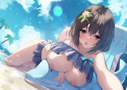 Rule 34 | 1girl, :o, absurdres, bare arms, bare shoulders, bikini, bikini skirt, black hair, blue eyes, blue sky, blush, breasts, breasts out, cloud, hair ornament, hairclip, highres, large breasts, liya, looking at viewer, lying, nipples, on stomach, open mouth, original, outdoors, palm tree, short hair, sky, solo, swimsuit, thighs, tree, variant set, water, wet