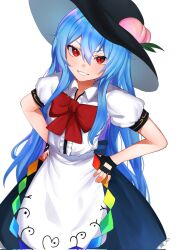 Rule 34 | 1girl, back bow, black gloves, black hat, blue bow, blue hair, blue skirt, blush, bow, bowtie, collared shirt, colored inner hair, commentary, corrupted twitter file, dress shirt, fingerless gloves, frills, gloves, hair between eyes, hands on own hips, hat, hat ornament, highres, hinanawi tenshi, leaf hat ornament, long hair, looking at viewer, majime joe, multicolored hair, peach hat ornament, puffy short sleeves, puffy sleeves, purple hair, red bow, red bowtie, red eyes, shirt, short sleeves, sidelocks, simple background, skirt, smile, solo, standing, symbol-only commentary, teeth, touhou, v-shaped eyebrows, white background, white shirt