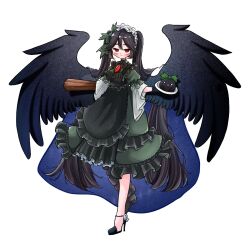 Rule 34 | 1girl, alternate hairstyle, arm cannon, bird wings, black dress, black footwear, black hair, black wings, blush, bow, closed mouth, commentary request, dress, frilled dress, frills, full body, green bow, hair bow, high heels, highres, kakigoori (xm3lz), long hair, looking at viewer, maid, red eyes, reiuji utsuho, reiuji utsuho (bird), simple background, smile, solo, starry sky print, touhou, twintails, weapon, white background, wings
