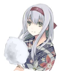 Rule 34 | 10s, 1girl, alternate costume, brown eyes, cotton candy, headband, highres, japanese clothes, kantai collection, kimono, long hair, looking at viewer, natsuyuki, shoukaku (kancolle), silver hair, simple background, smile, solo, upper body, white background