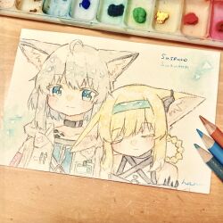 Rule 34 | 2girls, animal ears, arknights, art tools in frame, black choker, blonde hair, blue eyes, blue hairband, blush, character name, choker, closed eyes, closed mouth, collarbone, commentary, earpiece, fox ears, fox girl, grey hair, hairband, haru (aona1122), highres, material growth, multiple girls, oripathy lesion (arknights), short hair, sussurro (arknights), suzuran (arknights), traditional media