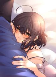 Rule 34 | 1girl, ahoge, bad id, bad pixiv id, black hair, blush, brown eyes, closed mouth, commentary request, dress, ear piercing, fingernails, hair between eyes, highres, long hair, looking at viewer, lying, off-shoulder dress, off shoulder, on stomach, original, piercing, shikino yuki, short sleeves, smile, solo, sweat, white dress