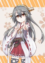 Rule 34 | 10s, 1girl, absurdres, belt, brown eyes, commentary request, cowboy shot, detached sleeves, floral background, frilled skirt, frills, grey hair, hair between eyes, hair ornament, hairclip, hakama, hakama short skirt, hakama skirt, haruna (kancolle), headgear, highres, index finger raised, japanese clothes, kantai collection, koi dance, long hair, looking at viewer, nontraditional miko, ourah ikuzus, ribbon-trimmed sleeves, ribbon trim, skirt, smile, solo, thighhighs, wide sleeves
