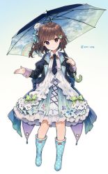 Rule 34 | 1girl, bad id, bad twitter id, black jacket, blue background, blue dress, blush, boots, bow, brown hair, closed mouth, cloud, commentary, dress, frilled dress, frills, frog hair ornament, full body, gradient background, green bow, hair bow, hair ornament, hairclip, highres, holding, holding umbrella, ikeuchi tanuma, jacket, long sleeves, original, purple eyes, rainbow, rubber boots, short hair, simple background, smile, twitter username, umbrella