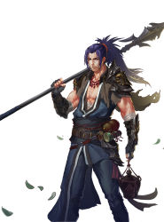Rule 34 | 00s, 1boy, armor, belt, demonic lancer, dungeon and fighter, fighter (dungeon and fighter), gauntlets, highres, holding, holding weapon, jewelry, jug (bottle), long hair, male fighter (dungeon and fighter), male focus, muscular, necklace, one eye closed, over shoulder, polearm, ponytail, purple hair, red eyes, shoulder armor, solo, standing, teitousensei, vanguard (dungeon and fighter), weapon