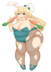 Rule 34 | 10s, 1girl, absurdres, animal ears, atago (kancolle), bare shoulders, belly, blonde hair, blue eyes, breasts, carrot, fat, food, fusa (starless2323), heart, heart-shaped pupils, highres, kantai collection, large breasts, long hair, open mouth, rabbit ears, smile, solo, standing, symbol-shaped pupils, thick thighs, thighs, vegetable