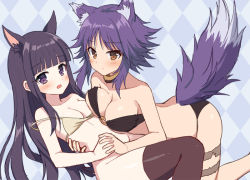 Rule 34 | 2girls, animal ear fluff, animal ears, argyle, argyle background, argyle clothes, bare arms, bare shoulders, bikini, bikini top only, black bikini, blue background, blunt bangs, blush, bottomless, breasts, brown bikini, brown eyes, brown legwear, cleavage, closed mouth, collarbone, commentary request, groin, kasumi (princess connect!), kneeling, long hair, looking at viewer, makoto (princess connect!), mauve, medium breasts, multiple girls, o-ring, o-ring top, open mouth, princess connect!, purple eyes, purple hair, small breasts, swimsuit, tail, thighhighs, very long hair, wolf ears, wolf girl, wolf tail
