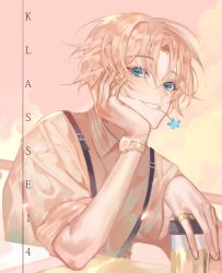 Rule 34 | 1boy, arm support, blonde hair, blue eyes, chyoel, fingernails, grey shirt, hand up, head rest, highres, jewelry, klasse14, looking at viewer, male focus, mouth hold, parted bangs, ring, shirt, short sleeves, smile, solo, upper body, watch, wing collar, wristwatch