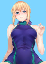 Rule 34 | 1girl, artoria pendragon (fate), bare shoulders, blonde hair, blue background, blue eyes, blush, breasts, covered navel, covered erect nipples, fate/stay night, fate (series), looking at viewer, one-piece swimsuit, saber (fate), simple background, solo, swimsuit, zucchini