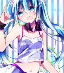Rule 34 | 1girl, bad id, bad pixiv id, camisole, collar, copyright name, hatsune miku, long hair, midriff, navel, open mouth, redial (vocaloid), solo, striped, striped background, twintails, vertical stripes, very long hair, vocaloid, wrist cuffs, yuruno