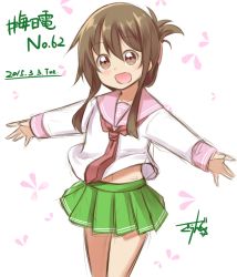 Rule 34 | 10s, 1girl, 2015, alternate color, brown eyes, brown hair, dated, folded ponytail, green skirt, gurande (g-size), inazuma (kancolle), kantai collection, long hair, long sleeves, necktie, outstretched arms, pleated skirt, sailor collar, school uniform, serafuku, simple background, skirt, solo, spread arms, standing
