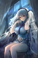 Rule 34 | 1girl, absurdly long hair, absurdres, azur lane, black choker, black neckwear, black sailor collar, bow, dress bow, breasts, choker, clothing cutout, dress, dress bow, dress flower, feather dress, formidable (azur lane), formidable (timeless classics) (azur lane), grey hair, hands in hair, highres, large breasts, long hair, navel cutout, official alternate costume, red eyes, sailor collar, sitting, sleeveless, sleeveless dress, solo, traditional media, two-tone dress, two-tone ribbon, veil, very long hair, white dress, window, xi shui fang