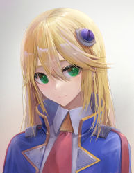 Rule 34 | 1girl, blazblue, blonde hair, breasts, capelet, closed mouth, collared shirt, gloves, green eyes, hair between eyes, hair ornament, kaeru (meriruou), long hair, looking at viewer, necktie, noel vermillion, red necktie, shirt, small breasts, smile, solo, sweat, upper body, white gloves