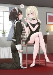 Rule 34 | 2girls, between legs, blonde hair, blue eyes, blush, brown hair, chair, closed mouth, collar, commentary request, crossed legs, curtains, eating, closed eyes, feet, feet out of frame, heart, highres, indoors, kneeling, maid, maid headdress, multiple girls, on chair, original, piripun, sitting, spoken heart, yuri