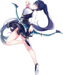 Rule 34 | asymmetrical bangs, bare legs, blue eyes, blue hair, bow, bow (weapon), bowtie, breasts, clothes lift, eyes visible through hair, full body, holding, holding bow (weapon), holding weapon, large breasts, leg up, long hair, looking at viewer, maeda rena, official art, omega labyrinth, omega labyrinth life, school uniform, serious, shoelaces, shoes, skirt, skirt lift, solo, transparent background, very long hair, weapon