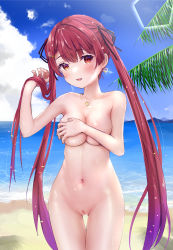 Rule 34 | 1girl, absurdres, beach, blush, breast hold, breasts, censored, cleft of venus, completely nude, covering privates, covering breasts, earrings, heart, heart earrings, heart necklace, heterochromia, highres, hololive, houshou marine, houshou marine (summer), jewelry, long hair, mosaic censoring, navel, necklace, nude, ontake2009, palm tree, pussy, red hair, shirt, sky, solo, sunlight, tree, twintails, virtual youtuber, water, wet