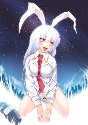 Rule 34 | 1girl, ahegao, animal ears, bottle, breasts, dress shirt, kneeling, large breasts, light purple hair, md5 mismatch, nakajou, necktie, no pants, open mouth, panties, pink panties, rabbit ears, red eyes, red necktie, reisen udongein inaba, shirt, solo, tears, tongue, tongue out, touhou, underwear, yagokoro