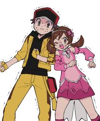 Rule 34 | 1boy, 1girl, alternate color, anger vein, baseball cap, brown eyes, brown hair, clenched hands, commentary, creatures (company), detached sleeves, dress, fingerless gloves, game freak, gloves, hat, highres, looking at viewer, lyra (pokemon), lyra (sygna suit) (pokemon), nintendo, official alternate costume, one eye closed, open mouth, pink dress, pokemon, pokemon masters ex, pumpkinpan, red (pokemon), red (sygna suit) (thunderbolt) (pokemon), standing, sweat, symbol-only commentary, twintails, v-shaped eyebrows, white background
